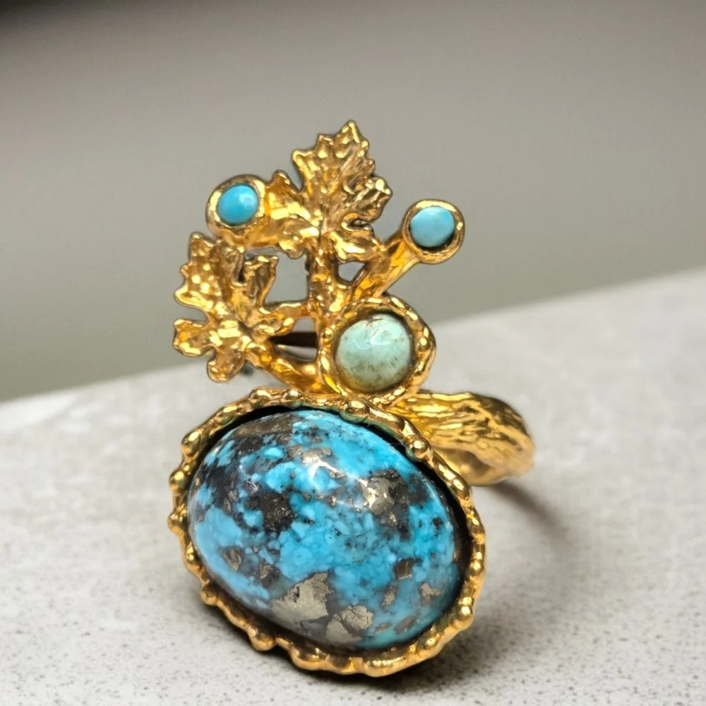 24k Gold Plated Artisan Turquoise Leaf Twig Free Form Massive Statement Ring - Picture 7 of 7